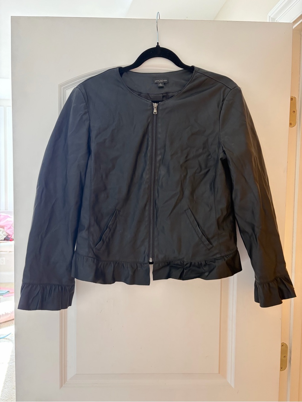 Ann Taylor Black Leather Ruffle-Hem Jacket